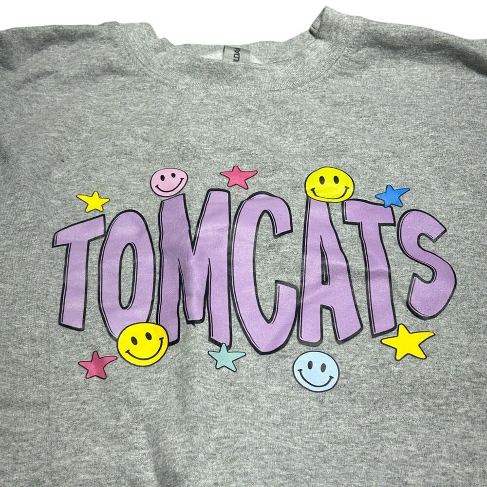 Gildan Gray Sweatshirt with purple Tomcats surrounded by smiley faces and stars